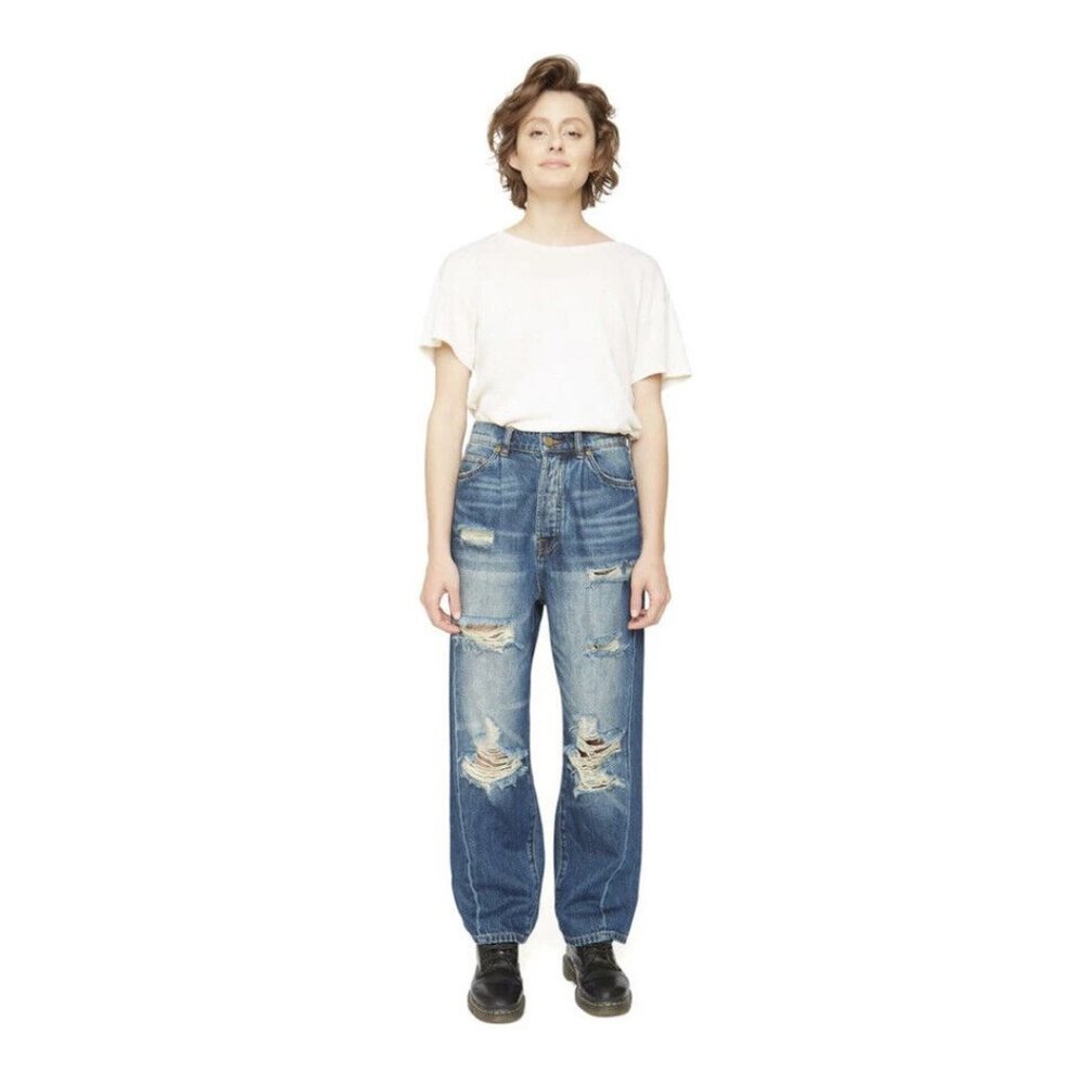 Free People x‎ SANDRINE ROSE Women's Wide Fit Distressed Paper Jeans Size 28